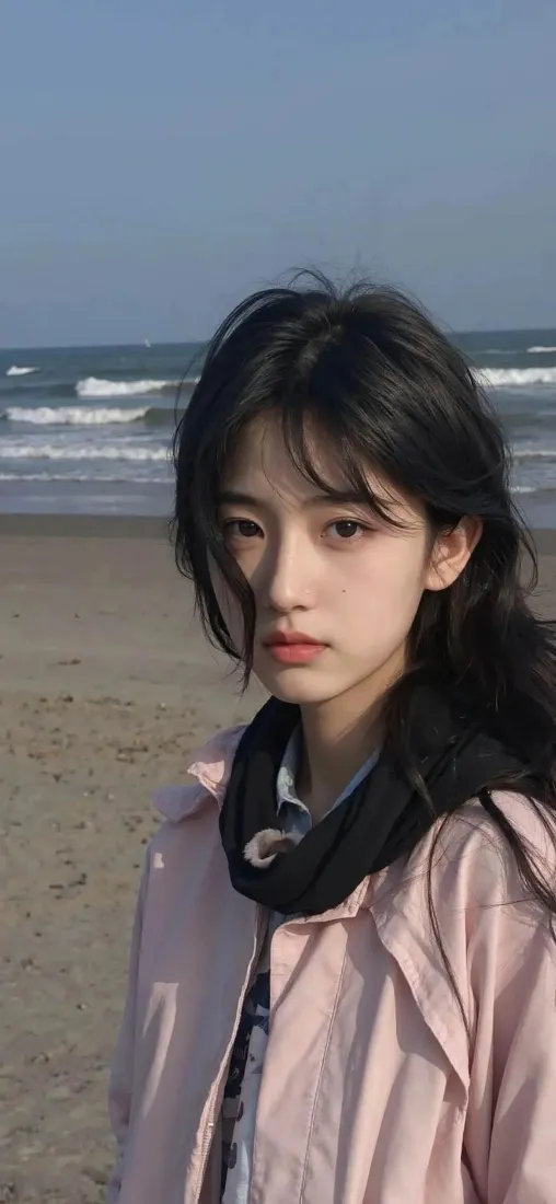 海边美女手机壁纸｜沙滩背景图片 - 粉色外套「哲风壁纸」