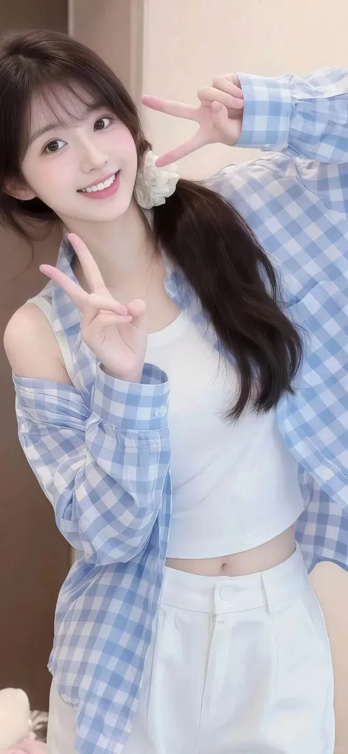 蓝白格美女手机壁纸｜室内背景 - 甜美比耶「哲风壁纸」