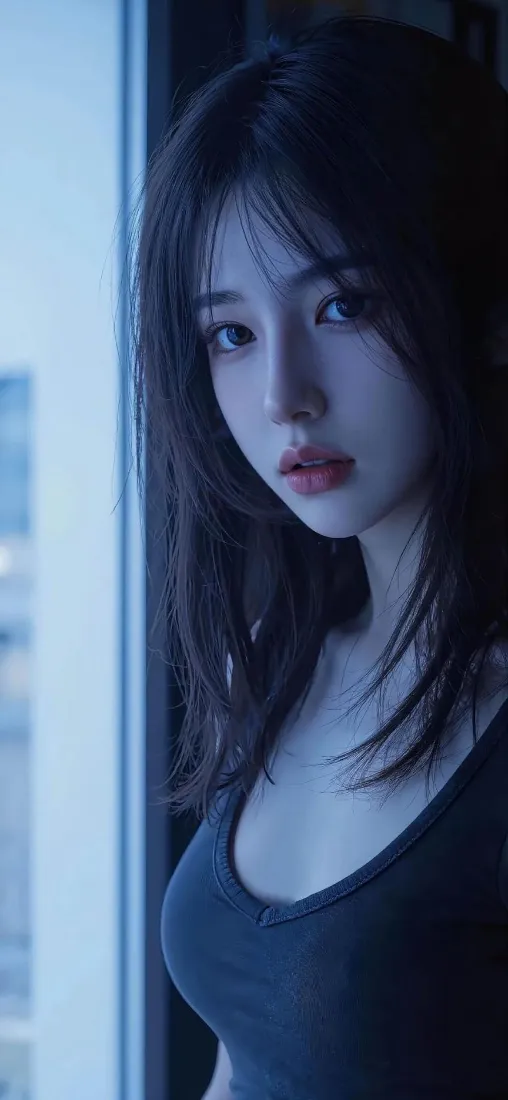 黑衣美女手机壁纸｜窗边背景图片 - 冷色调「哲风壁纸」