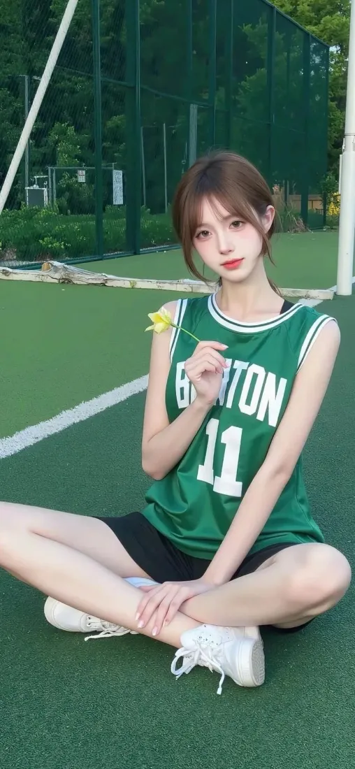 绿衣美女篮球服手机壁纸｜篮球场背景 - 户外「哲风壁纸」