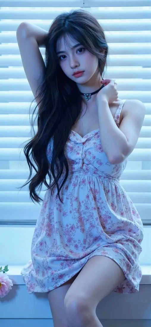 长发美女碎花裙手机壁纸｜室内背景 - 清新优雅「哲风壁纸」