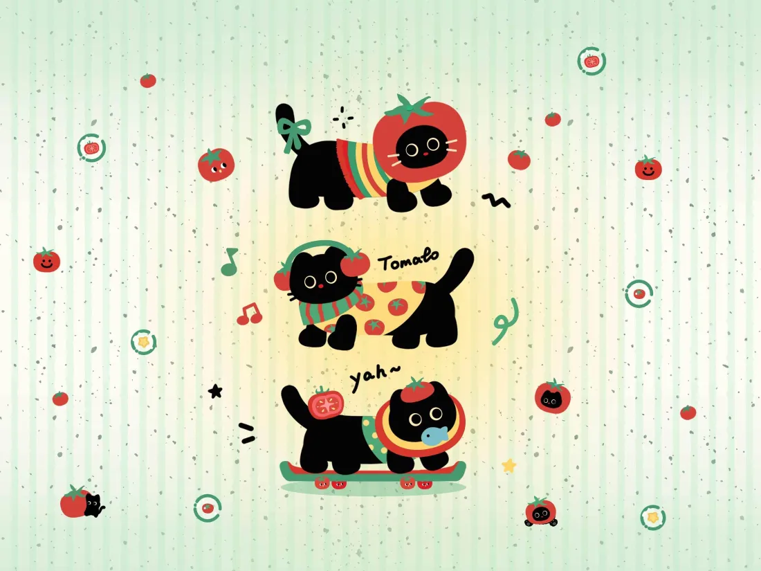 3k黑猫手绘风壁纸｜卡通番茄披萨背景 - 可爱猫咪「哲风壁纸」