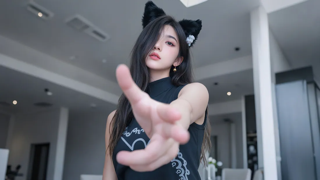 4k猫耳美女壁纸｜居家室内背景图 - 黑衣甜妹「哲风壁纸」