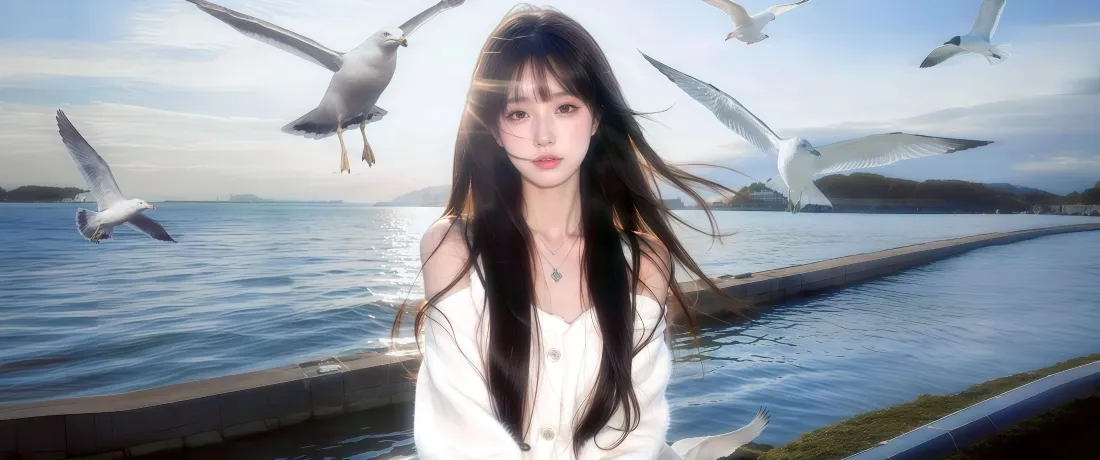 3k白衣美女海边海鸥壁纸｜海景 - 清新「哲风壁纸」