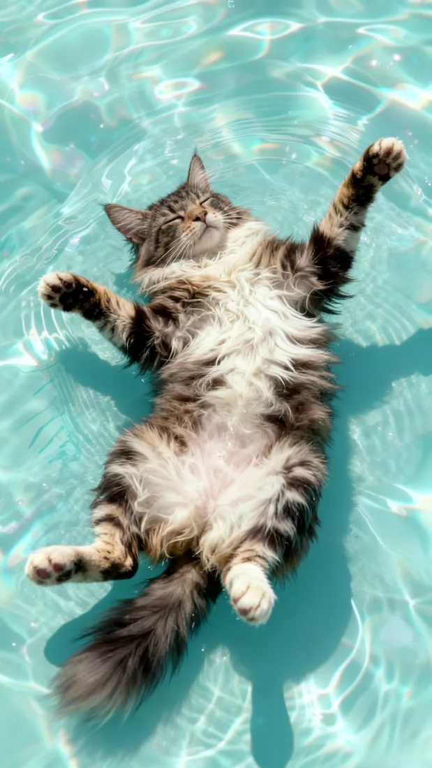 长毛猫戏水手机壁纸｜碧水背景 - 萌宠猫咪「哲风壁纸」