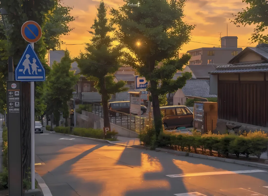 2k黄昏街道壁纸｜日式房屋 - 暖阳光影「哲风壁纸」