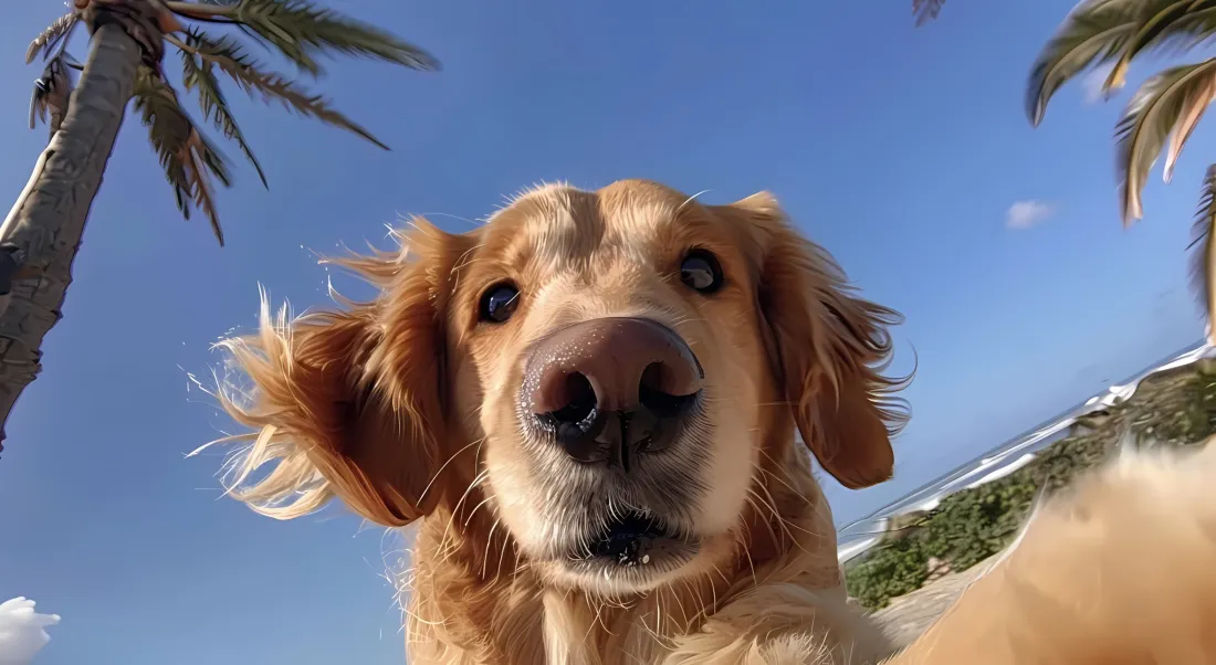 2k金毛自拍壁纸｜蓝天沙滩背景图片 - 萌宠「哲风壁纸」