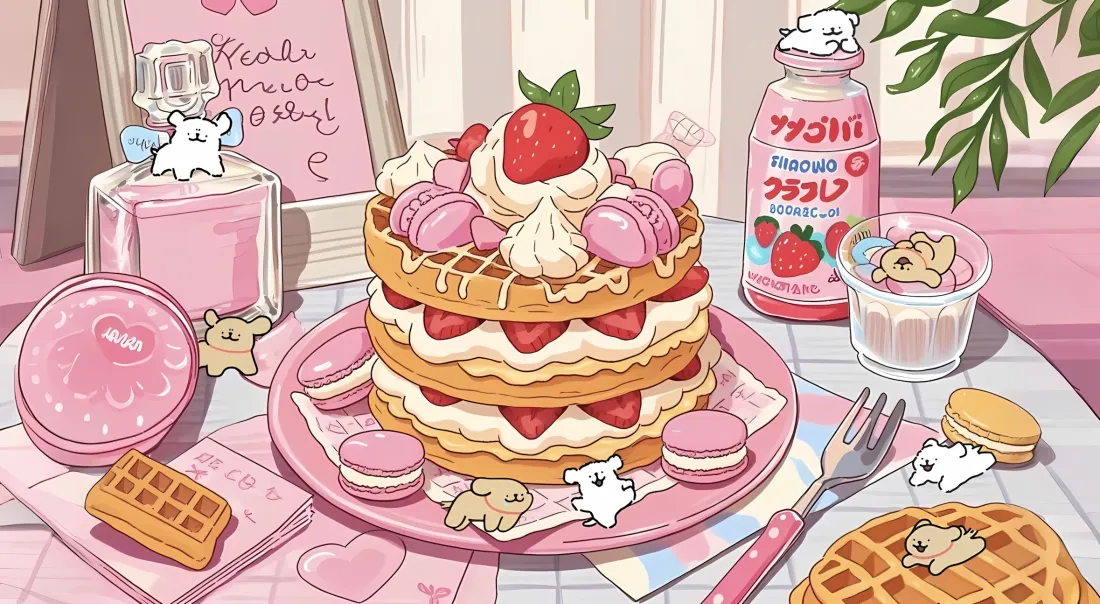 2k线条小狗草莓蛋糕壁纸｜粉色甜点背景 - 可爱「哲风壁纸」