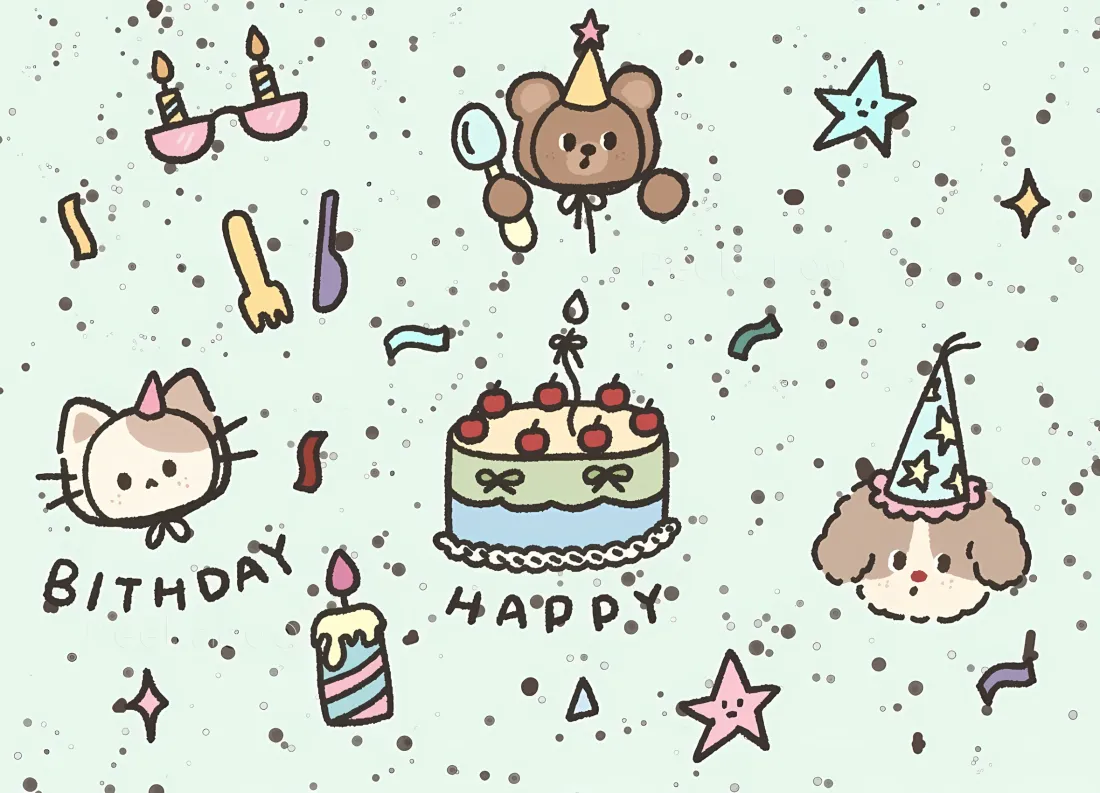 2k可爱生日卡通壁纸｜小猫小熊背景 - 蛋糕小狗「哲风壁纸」