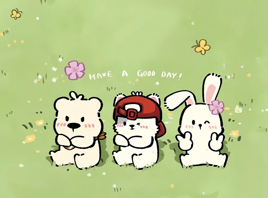 2k卡通小熊兔子草地壁纸｜可爱背景 - 花朵蝴蝶「哲风壁纸」