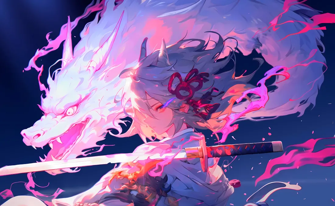 3k动漫角色持剑龙壁纸｜粉色火焰背景 - 白发「哲风壁纸」
