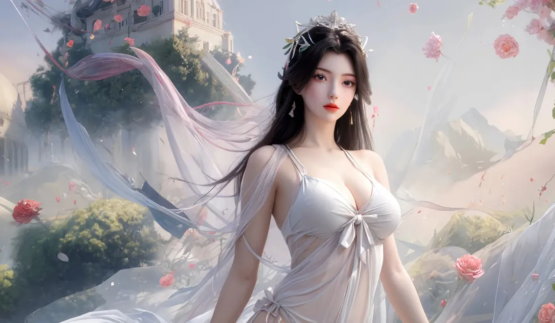 3k古风美女壁纸｜梦幻城堡背景 - 白色纱裙「哲风壁纸」