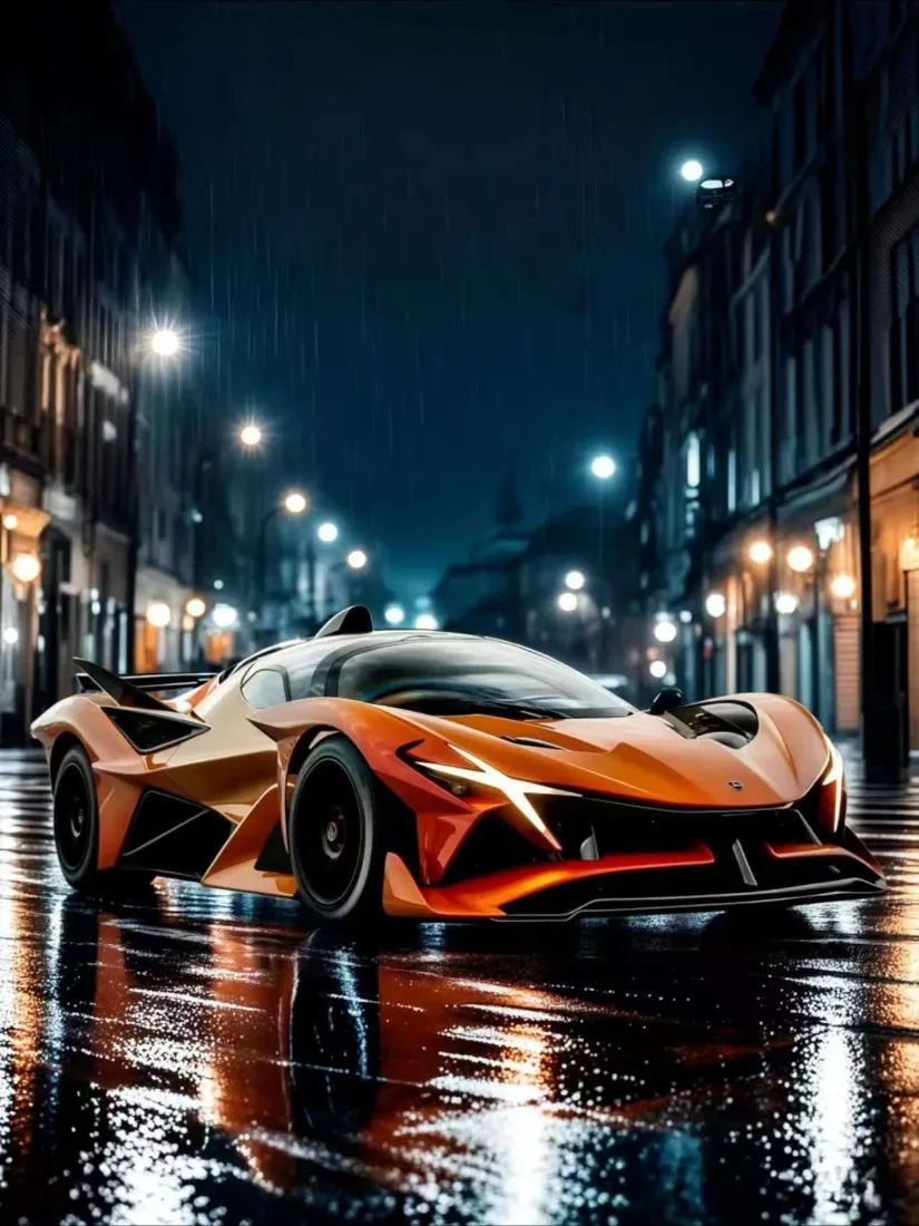 橙色超跑手机壁纸｜雨夜城市 - 灯光积水「哲风壁纸」