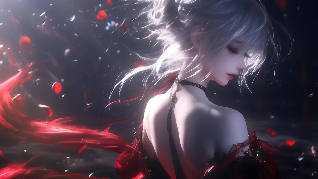 6k玫瑰少女壁纸｜暗黑背景图片 - 红衣白发「哲风壁纸」
