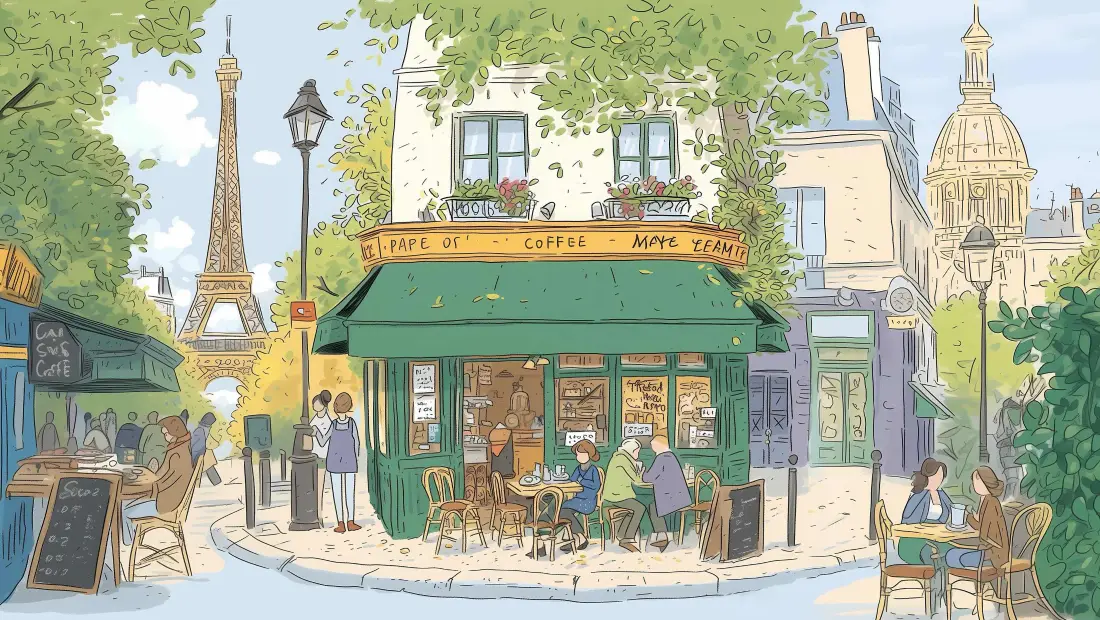3k手绘巴黎街景插画壁纸｜咖啡馆 - 埃菲尔铁塔「哲风壁纸」
