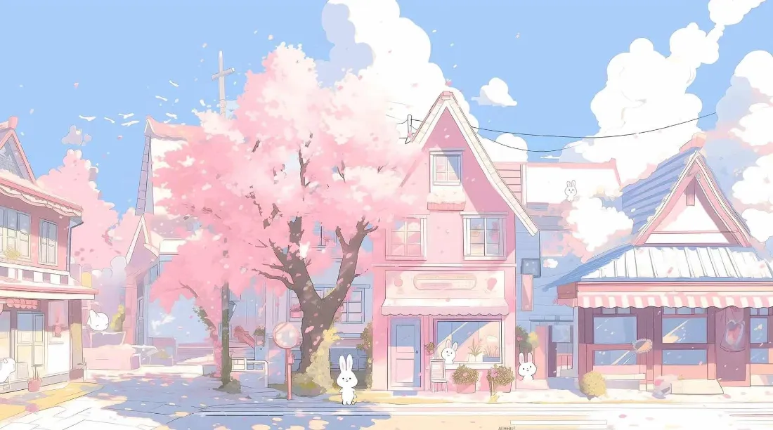 2k粉色樱花街道手绘壁纸｜日式建筑背景图片 - 插画「哲风壁纸」