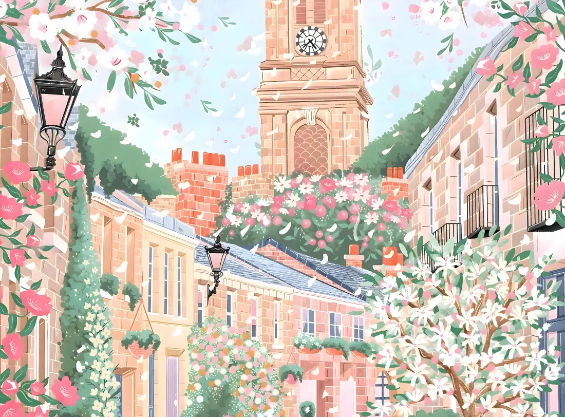 4k手绘街道钟楼壁纸｜春日花草建筑 - 插画「哲风壁纸」