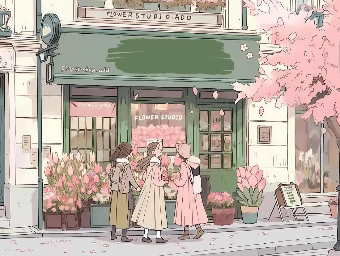2k手绘花店女孩壁纸｜粉色樱花街道 - 插画「哲风壁纸」