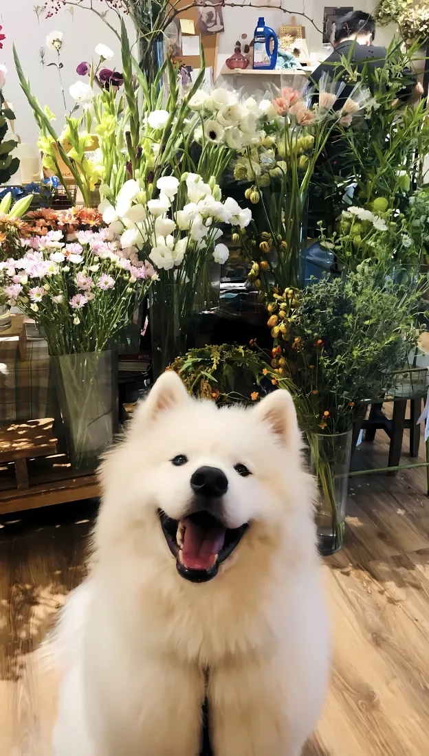 萨摩耶花店手机壁纸｜鲜花室内背景 - 可爱狗狗「哲风壁纸」