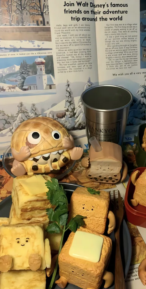 卡通吐司玩偶手机壁纸｜报纸ins风 - 美食摆拍「哲风壁纸」