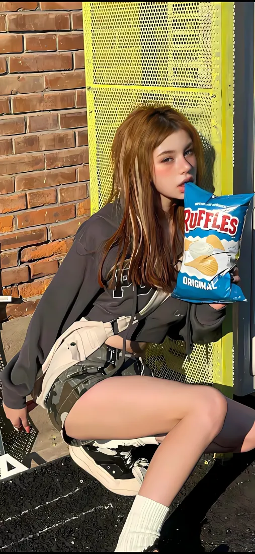 欧美女孩Lay's薯片手机壁纸｜黄砖墙 - 短裤白袜「哲风壁纸」