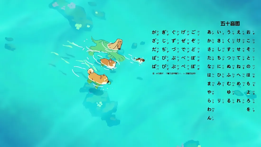 4k卡通柴犬鱼壁纸｜五十音图 - 蓝色背景「哲风壁纸」