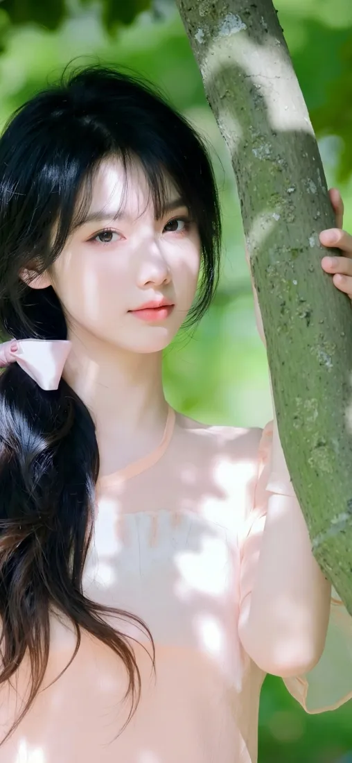 清纯美女手机壁纸｜树枝绿叶背景 - 清新户外「哲风壁纸」