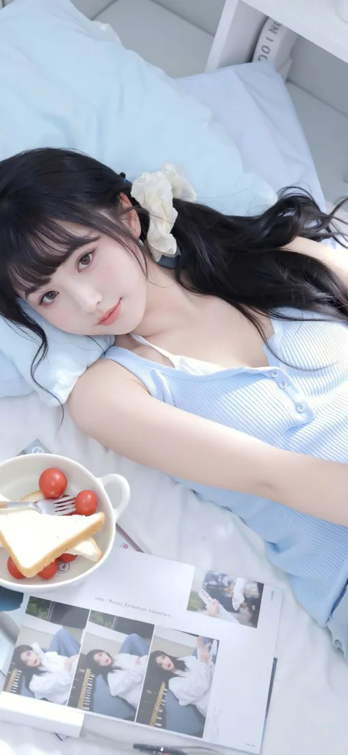 清纯美女手机壁纸｜浅蓝色卧床背景 - 草莓面包「哲风壁纸」