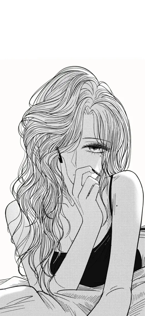 黑白动漫卷发少女手机壁纸｜吊带插画背景 - 手绘「哲风壁纸」