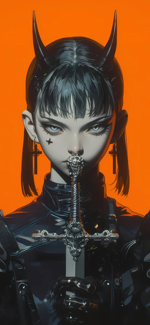 暗黑辣妹动漫手机壁纸｜橙色背景 - 十字架剑「哲风壁纸」