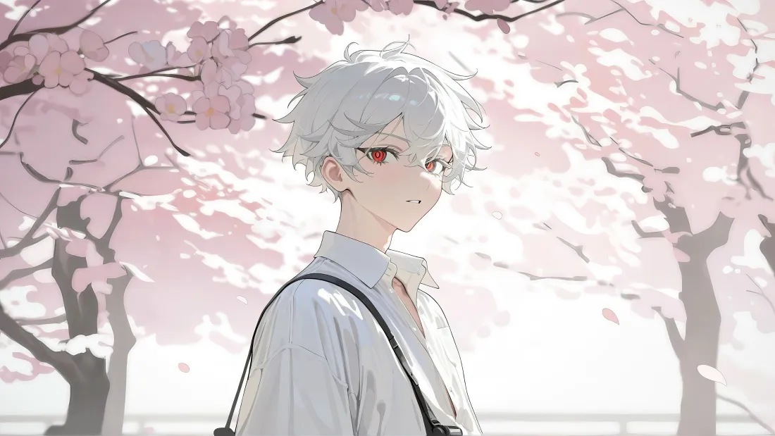 5k白发少年樱花壁纸｜樱花树背景 - 二次元「哲风壁纸」
